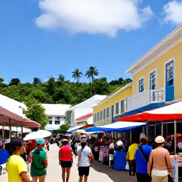 Caribbean Holidays, June Business Class, Travellers exploring a colourful Caribbean town in June, local market stalls, historic buildings and tropical scenery
