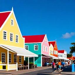 Caribbean Holidays, June Business Class, Visitors exploring Aruba&rsquo;s colourful Oranjestad streets, with Dutch colonial buildings, caf&eacute;s and a clear blue sky