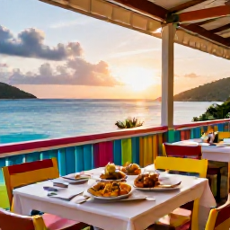 Caribbean Holidays, June BVI Holidays, Colourful Caribbean restaurant terrace overlooking the sea in the British Virgin Islands at sunset, with local food on tables