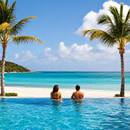 Caribbean Holidays, June BVI Holidays, Couple relaxing beside an infinity pool at a British Virgin Islands all-inclusive resort, with palm trees and a bright Caribbean sea