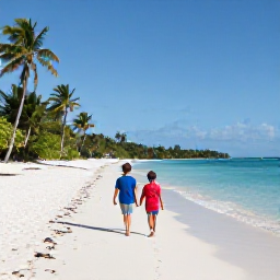 Caribbean Holidays, June BVI Holidays, Happy family walking along a quiet sandy beach in the British Virgin Islands, with palm trees and calm turquoise water