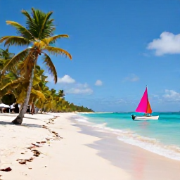 Caribbean Holidays, June Caribbean Holidays, A relaxed Caribbean beach in June with turquoise water, white sand, palm trees and a small sailing boat near the shore
