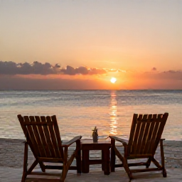 Caribbean Holidays, June Caribbean Holidays, Caribbean sunset viewed from a peaceful beach terrace with two chairs, calm sea and warm evening light
