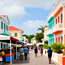 Caribbean Holidays, June Caribbean Holidays, Colourful Caribbean town in June with pastel buildings, a lively market, tropical plants and visitors exploring on foot