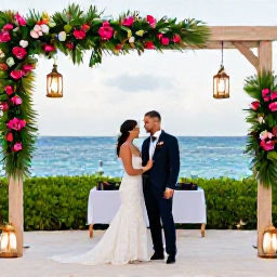 Caribbean Holidays, June Caribbean Weddings, Bride and groom enjoying a Caribbean wedding reception outdoors with tropical flowers, lanterns and ocean views