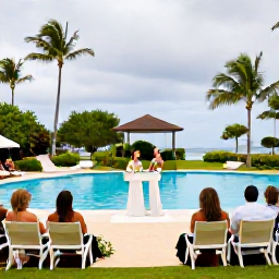 Caribbean Holidays, June Caribbean Weddings, Caribbean wedding guests relaxing beside a swimming pool and tropical garden after a June ceremony