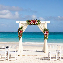 Caribbean Holidays, June Caribbean Weddings, Elegant beach wedding ceremony in the Caribbean with white chairs, flowers and turquoise water