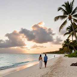 Caribbean Holidays, June Caribbean Weddings, Newlyweds walking along a quiet Caribbean beach at sunset, tropical sea and palm trees