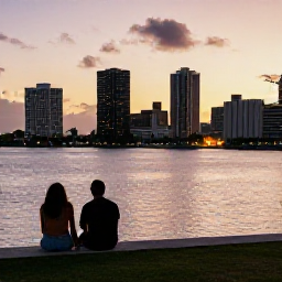 Caribbean Holidays, June City Breaks, Couple enjoying a relaxed June city break beside a waterfront promenade at sunset, with city lights beginning to glow