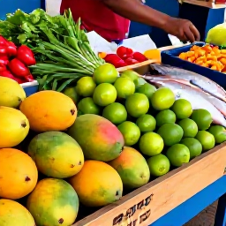 Caribbean Holidays, June Cooking Holidays, A colourful Caribbean market in June, with fresh mangoes, limes, peppers, herbs and locally caught fish displayed in wooden stalls