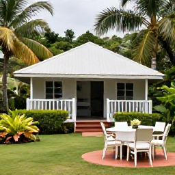Caribbean Holidays, June Cooking Holidays, A comfortable Caribbean guesthouse or small hotel surrounded by tropical greenery, with an inviting outdoor dining area prepared for cooking holiday guests