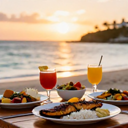 Caribbean Holidays, June Cooking Holidays, A relaxed seaside table in the Caribbean at sunset, filled with grilled fish, rice, plantain, colourful salads and glasses of tropical juice