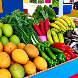 Caribbean Holidays, June Cooking Holidays, Fresh Caribbean produce arranged at a colourful market stall in St Croix, including mangoes, peppers, herbs, plantains and local seafood