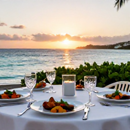 Caribbean Holidays, June Cooking Holidays, Relaxed Caribbean evening dining beside the sea in St Thomas, with a beautifully presented local meal and sunset light