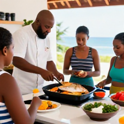 Caribbean Holidays, June Cooking Holidays, Small group cooking lesson in a bright Caribbean kitchen, preparing fresh fish, spices and vegetables with an island chef