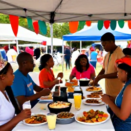 Caribbean Holidays, June Cooking Holidays, Visitors enjoying a friendly Caribbean food festival or outdoor cooking event in June, with music, local dishes and colourful island decorations