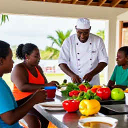 Caribbean Holidays, June Cooking Holidays, Visitors taking part in a hands-on Caribbean cooking class in an open-air kitchen, with a friendly local chef and colourful ingredients on the worktops