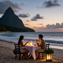 Caribbean Holidays, June Couples Holidays, A candlelit table for two on a Saint Lucia beach at dusk, with lanterns, tropical greenery and gentle waves