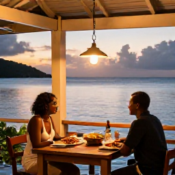 Caribbean Holidays, June Couples Holidays, A couple dining at a simple waterfront restaurant in Saint Vincent and the Grenadines at sunset, fresh seafood, warm lights and calm Caribbean sea