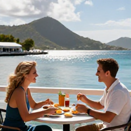 Caribbean Holidays, June Couples Holidays, A couple enjoying breakfast at a waterside caf&eacute; overlooking the harbour and green hills of Saint Vincent, Caribbean sunshine and relaxed atmosphere