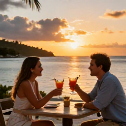 Caribbean Holidays, June Couples Holidays, A couple enjoying sunset drinks at a relaxed seaside restaurant in the British Virgin Islands, warm evening light and island views