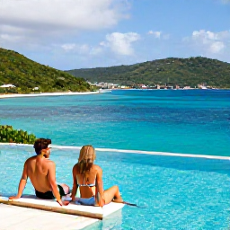 Caribbean Holidays, June Couples Holidays, A couple relaxing beside a hotel infinity pool overlooking turquoise Caribbean water and green hills on St Thomas