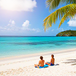 Caribbean Holidays, June Couples Holidays, A couple relaxing together on a quiet white-sand beach in the British Virgin Islands, turquoise sea, palm trees and warm June sunshine