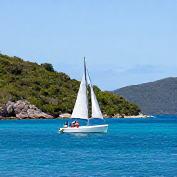 Caribbean Holidays, June Couples Holidays, A couple sailing between green Caribbean islands in the British Virgin Islands on a bright June day, calm blue water and a small sailing boat