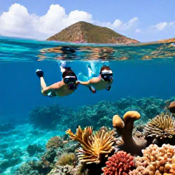 Caribbean Holidays, June Couples Holidays, A couple snorkelling together above a colourful coral reef in clear shallow water near St John, US Virgin Islands