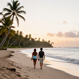 Caribbean Holidays, June Couples Holidays, A couple walking along a quiet tropical beach in Trinidad and Tobago at sunrise, gentle waves, palm trees and warm June light