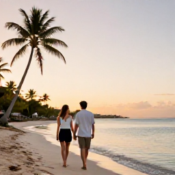 Caribbean Holidays, June Couples Holidays, A couple walking hand in hand along a calm Caribbean beach in Saint Martin at sunset, warm June light, palm trees and clear turquoise water