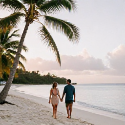Caribbean Holidays, June Couples Holidays, A couple walking hand in hand along a quiet Caribbean beach in Saint Vincent and the Grenadines during June, with palm trees, turquoise water and soft morning light