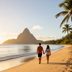 Caribbean Holidays, June Couples Holidays, A couple walking hand in hand along a quiet golden beach in Saint Lucia at sunrise, with calm Caribbean Sea and palm trees