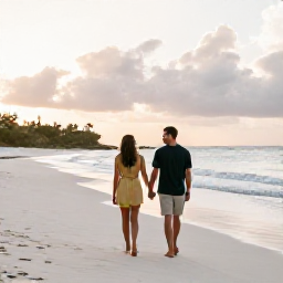 Caribbean Holidays, June Couples Holidays, A couple walking hand in hand along a quiet white-sand beach in Saint Barth&eacute;lemy at sunrise