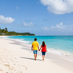 Caribbean Holidays, June Couples Holidays, A couple walking hand in hand along a quiet white-sand beach in St Thomas, United States Virgin Islands, beneath a bright June sky