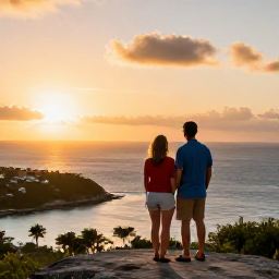 Caribbean Holidays, June Couples Holidays, A couple watching a golden sunset from a scenic overlook above the Caribbean Sea on St Croix