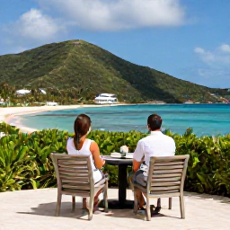 Caribbean Holidays, June Couples Holidays, A romantic Caribbean resort terrace in the British Virgin Islands, couple overlooking tropical hills and the sea in June