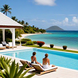Caribbean Holidays, June Couples Holidays, A romantic couple relaxing beside a boutique Caribbean hotel pool overlooking a turquoise bay in Saint Vincent and the Grenadines, tropical gardens and June sunshine
