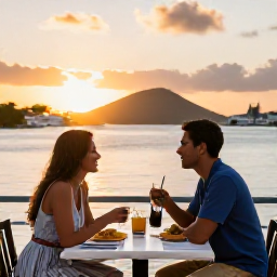 Caribbean Holidays, June Couples Holidays, A romantic outdoor restaurant table for two overlooking Charlotte Amalie harbour at sunset in the United States Virgin Islands