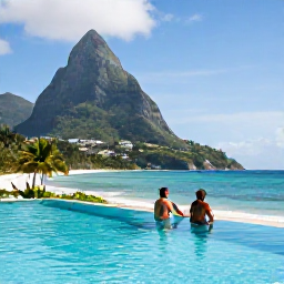 Caribbean Holidays, June Couples Holidays, An elegant Saint Lucia beachfront resort with a couple relaxing beside an infinity pool overlooking the Caribbean Sea