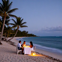 Caribbean Holidays, June Couples Holidays, Candlelit dinner for two on a Caribbean beach at dusk with gentle waves and palm trees