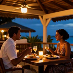 Caribbean Holidays, June Couples Holidays, Couple enjoying a candlelit dinner at a stylish Caribbean restaurant in Trinidad and Tobago, local dishes, warm evening lighting and relaxed atmosphere