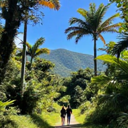 Caribbean Holidays, June Couples Holidays, Couple hiking through the green Vermont Nature Trail on Saint Vincent, tropical forest, tall palms and mountain scenery in clear June daylight