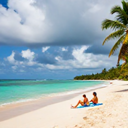 Caribbean Holidays, June Couples Holidays, Couple relaxing on a secluded sandy beach in Tobago, turquoise water, coconut palms and soft cloudy June skies