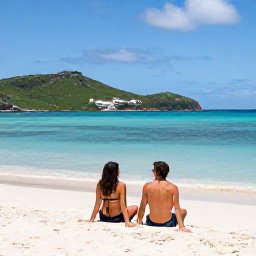 Caribbean Holidays, June Couples Holidays, Couple relaxing on a sunlit beach at Anse de Colombier, Saint Barth&eacute;lemy, with calm turquoise water and green hills
