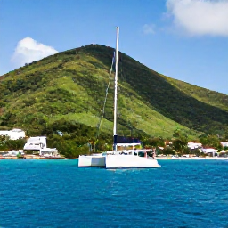 Caribbean Holidays, June Couples Holidays, Couple sailing on a small catamaran beside green Caribbean hills and bright blue sea near Saint Martin, sunny June afternoon