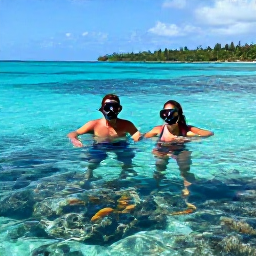 Caribbean Holidays, June Couples Holidays, Couple snorkelling in clear Caribbean water near Tobago, colourful fish, coral reef and green coastline in the background