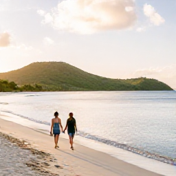 Caribbean Holidays, June Couples Holidays, Couple walking hand in hand along a quiet golden beach in Saint Kitts at sunset, with calm Caribbean water and green hills in the distance