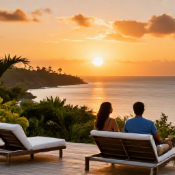 Caribbean Holidays, June Couples Holidays, Couple watching the sunset from a comfortable seaside terrace in Tobago, orange sky, calm Caribbean sea and tropical greenery