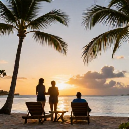 Caribbean Holidays, June Couples Holidays, Romantic Caribbean beach in Saint Kitts with two sun loungers, palm trees and a couple watching sunset